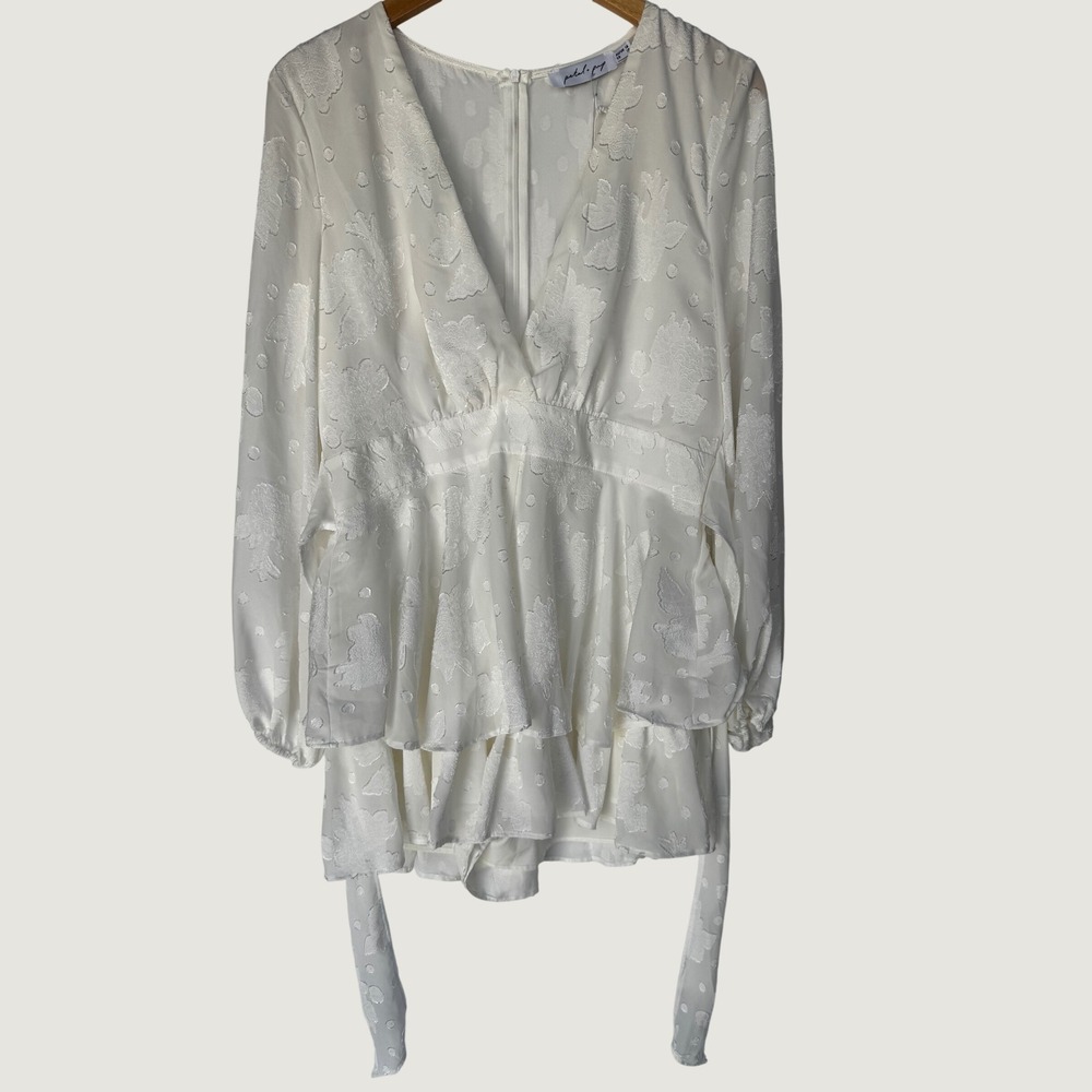 Petal + Pup Fance Playsuit White Floral Jacquard Romper Dress V-Neck Long Sleeve